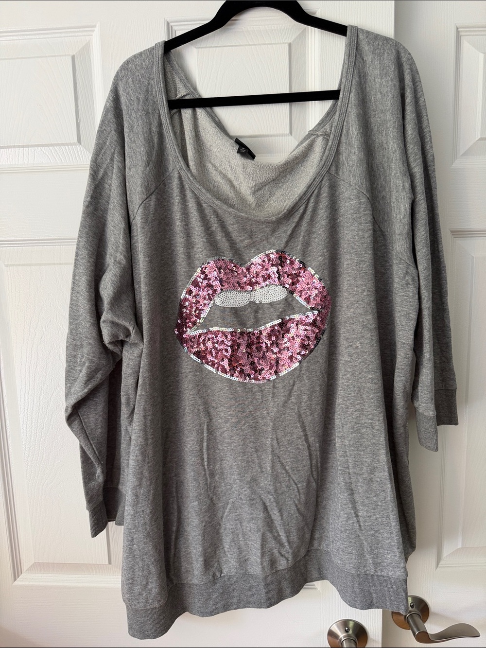 Women's Gray Off Shoulder Sweatshirt with Pink Sequin Lip Design Torrid